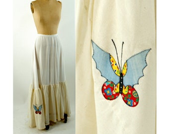 1970s maxi skirt with butterfly patchwork applique peasant skirt Size S