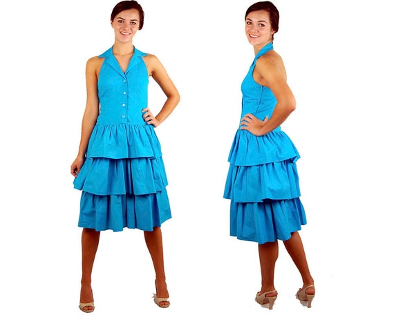 1980s dress, tiered ruffle dress, halter sundress… - image 1