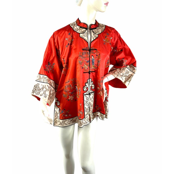Vintage red silk Chinese jacket with Forbidden Stitch Peking Knot embroidery Size 46 chest VFG