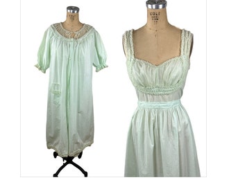 1950s peignoir mint green cotton and chiffon ruffles Size S/M by Shadowline