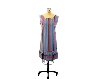 1960s dress striped purple black pink pleated cotton dress Size M/L