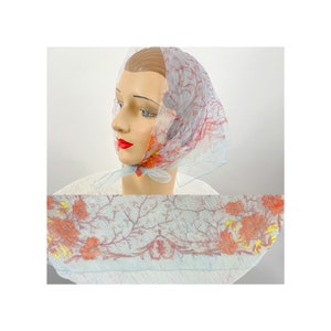 Sheer nylon scarf light blue with orange floral botanical