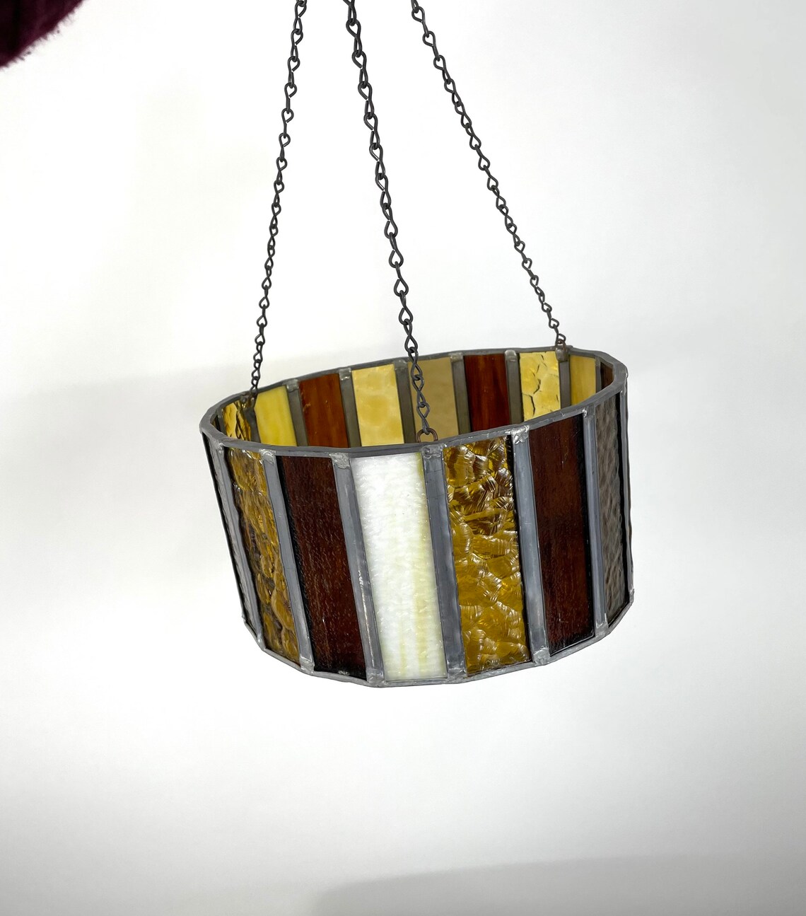 1970s Stained Glass Hanging Candle Holder Gold Brown Round Etsy