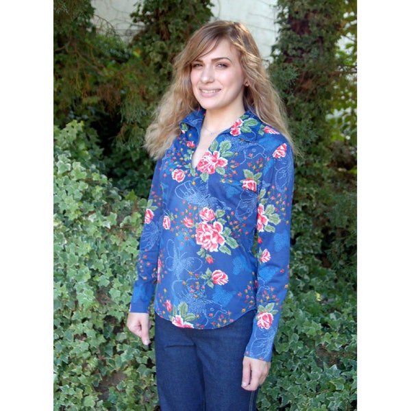 1970s shirt nylon silky blouse blue floral butterfly disco boho  Langtry Size M