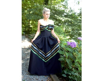 1940s gown black silk strapless dress with chevron stripes Size S/M