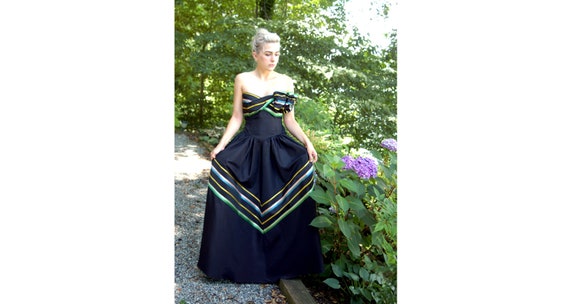1940s gown black silk strapless dress with chevro… - image 1