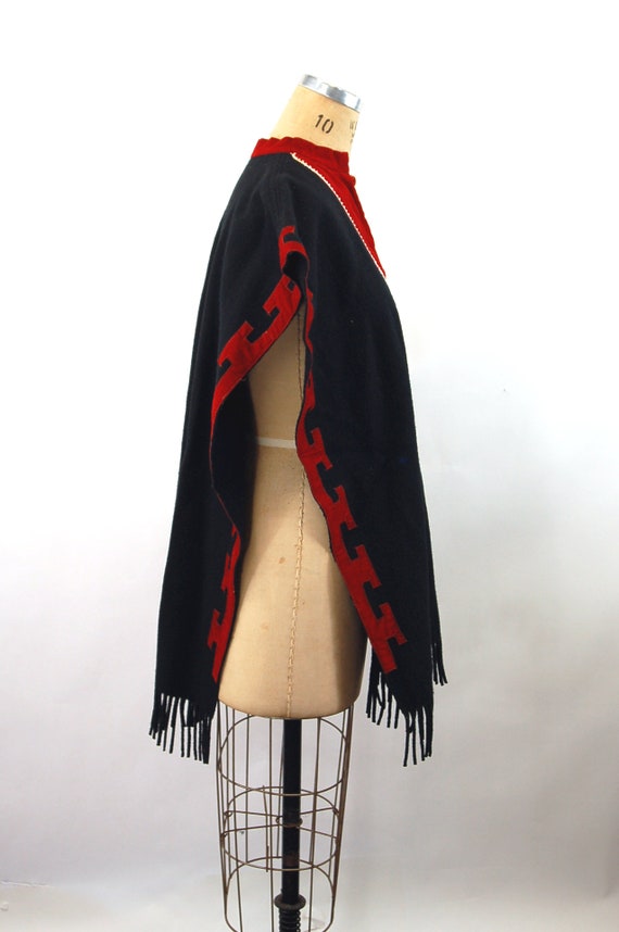 Mayan poncho black red wool Guatamalan coat wrap … - image 5