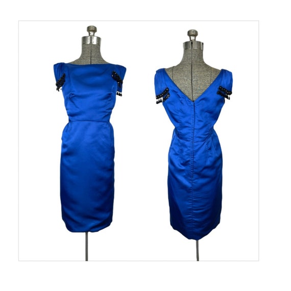 1960s blue silk satin cocktail dress with beaded … - image 1