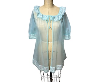 1960s sheer chiffon robe bed jacket with lace collar and cuffs Size M