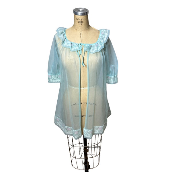 1960s sheer chiffon robe bed jacket with lace collar and cuffs Size M