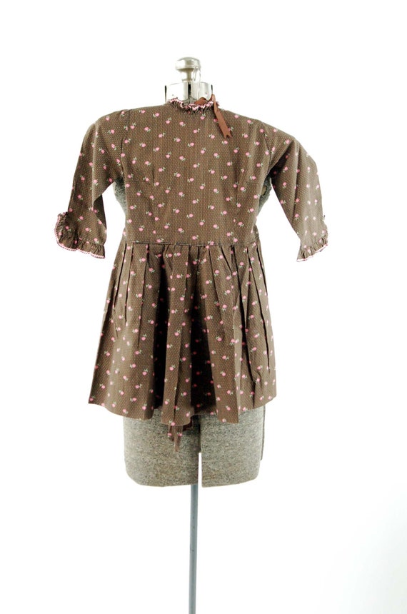 1970s girls calico dress brown pink floral pleate… - image 3