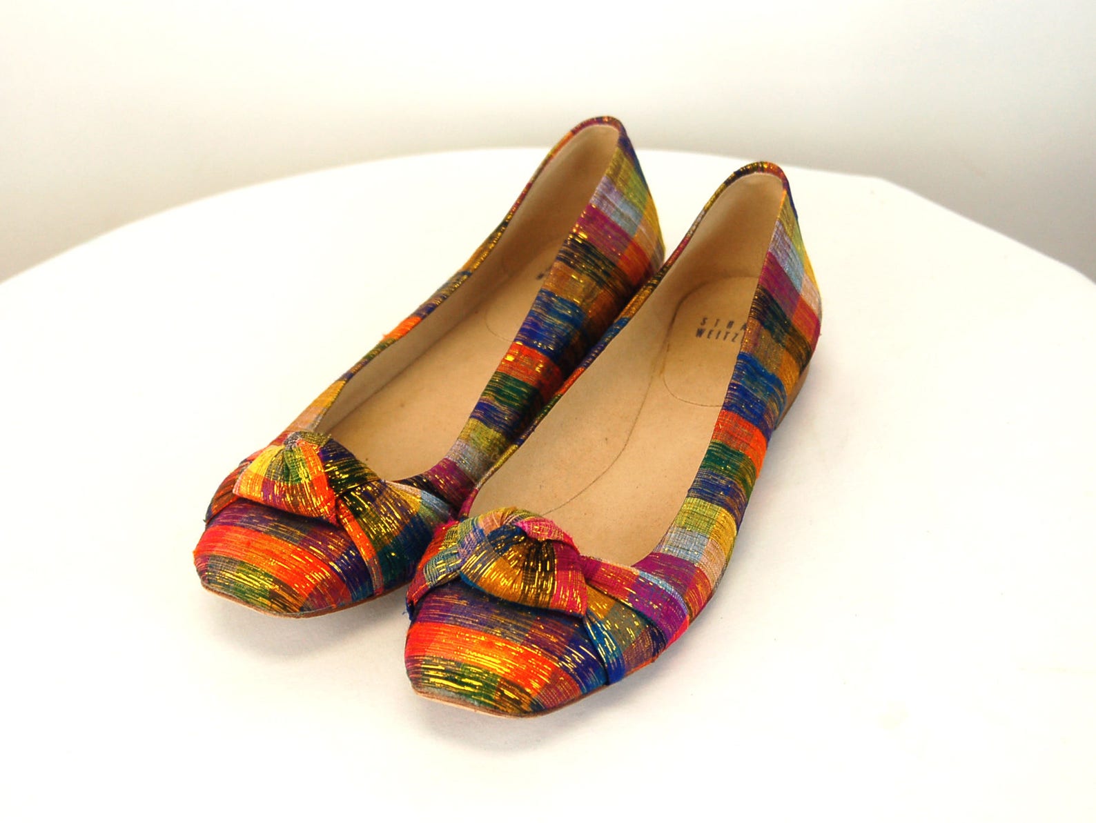 stuart weitzman shoes ballet flats plaid fabric metallic gold size 7 m 1980s shoes