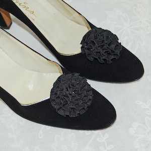 Black flower shoe clips ruffled pom poms shoe accessory holiday glam