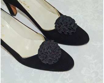 Black flower shoe clips ruffled pom poms shoe accessory holiday glam