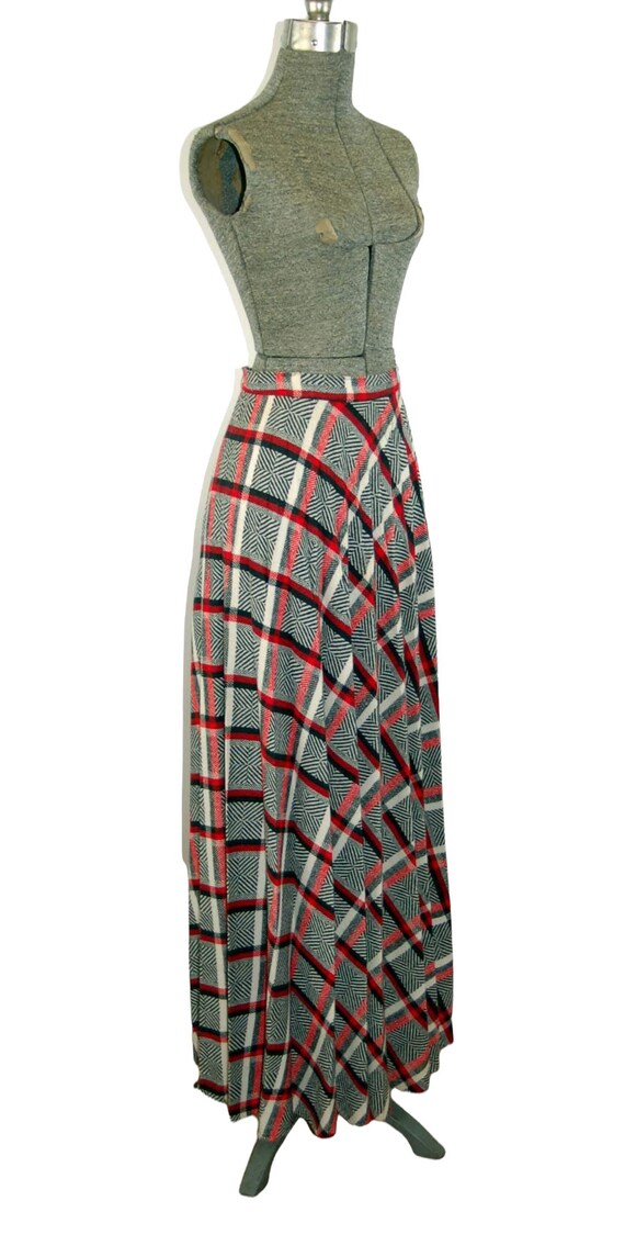 1970s maxi skirt pleated tweed plaid long skirt black… - Gem