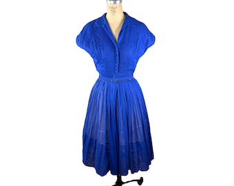 1960s shirtwaist dress royal blue pleated Size M