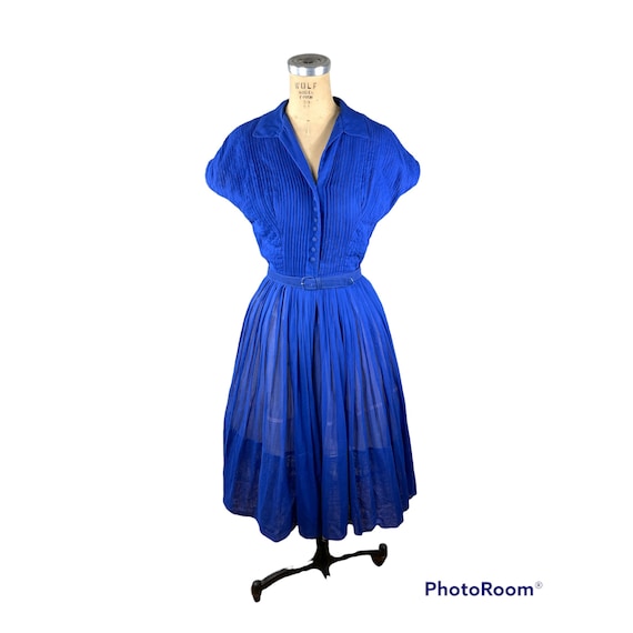 1960s shirtwaist dress royal blue pleated Size M - image 1