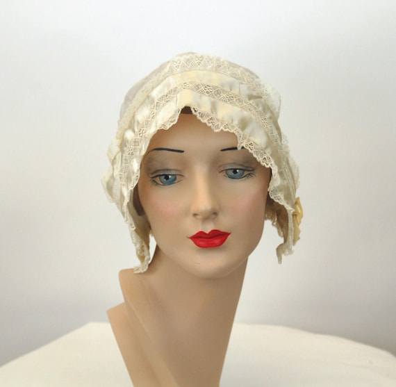 Antique boudoir cap ivory silk with ribbons 1910s