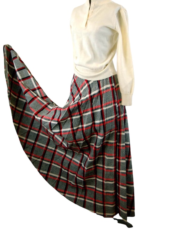 1970s maxi skirt pleated tweed plaid long skirt bl