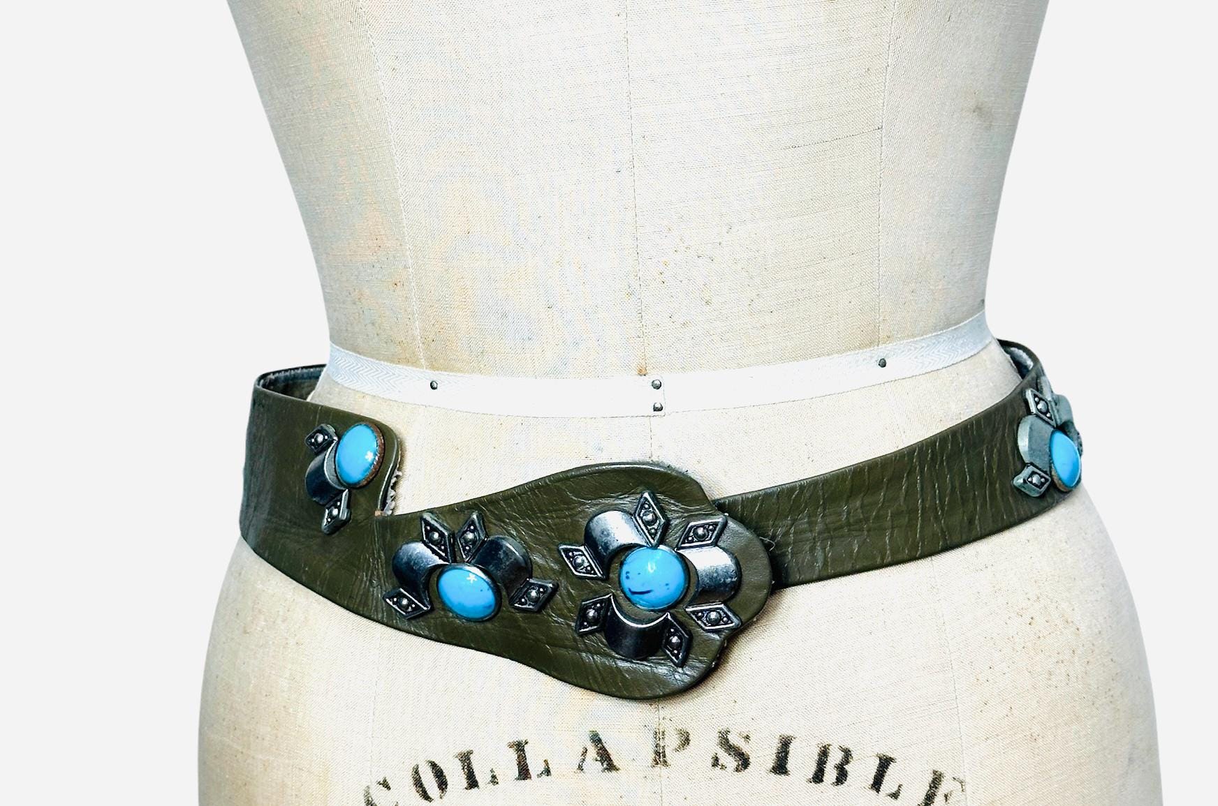 1990s leather statement belt with silver and blue accents by Nina Arjani Size M