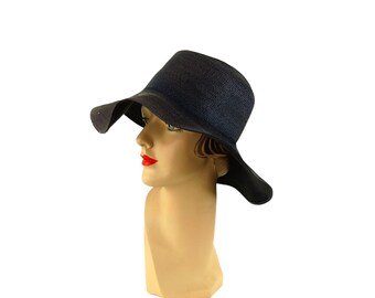 1960s floppy hat navy blue summer hat wide brim sun hat Size 22