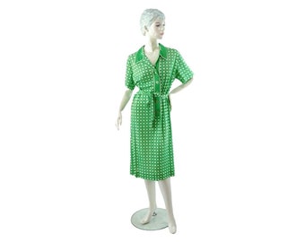 1970s dress green white lattice print nylon button front shirtwaist Serbin Size L