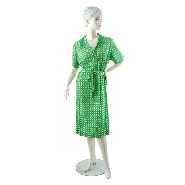 Robe des années 1970 en nylon vert blanc à imprimé treillis, taille boutonnée sur le devant, Serbin Taille L