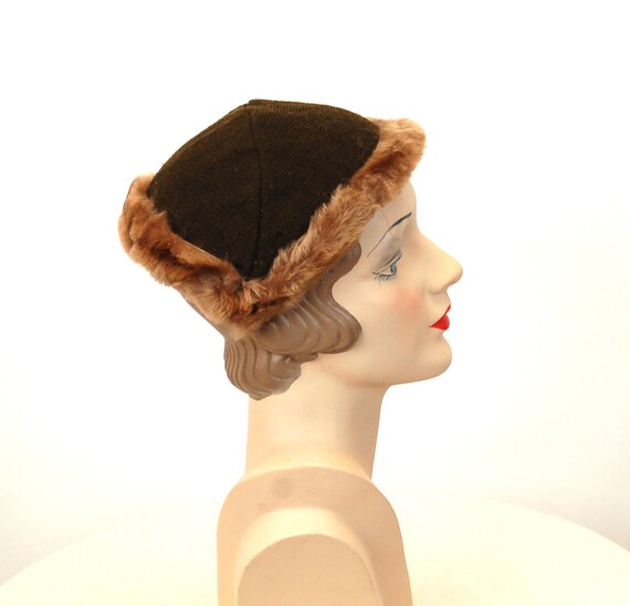 1940s cap fur lined hat knit hat brown headband h… - image 3