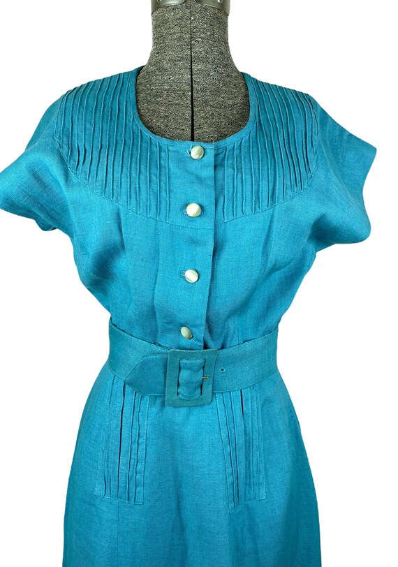 Early 1950s teal linen dress with dolman sleeves … - image 4
