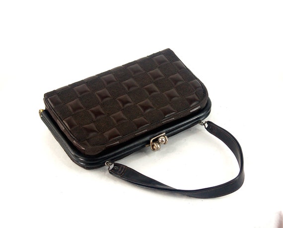 1960s handbag texturized checkered brown vinyl fa… - image 2