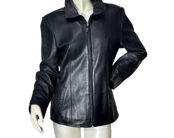 Vintage 1990's Short Black Leather Zippered Jacket With Belt and