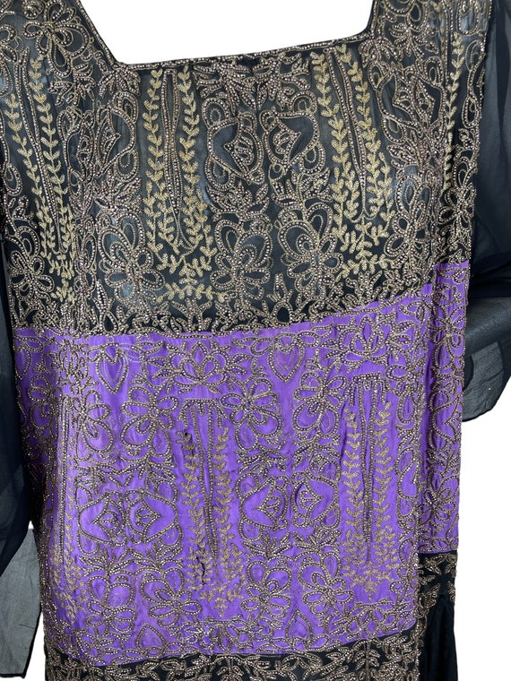 1920s silk chiffon dress black purple with gold b… - image 8