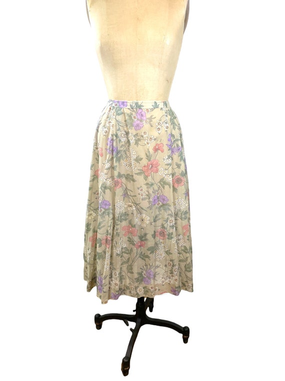 1980s 90s floral skirt pleated flowing semi-sheer 