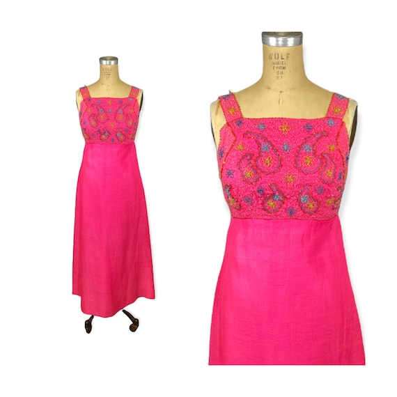 1960s beaded hot pink maxi dress empire waist Siz… - image 1