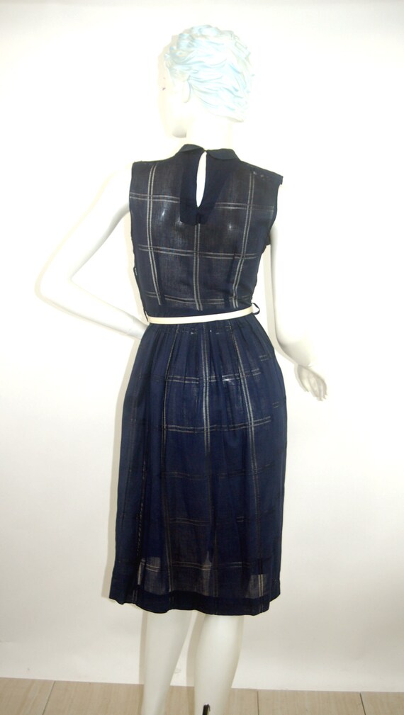 1950s 60s day dress with cut outs navy blue white… - image 7