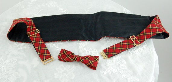 Vintage cummerbund and bow tie red plaid tartan R… - image 2