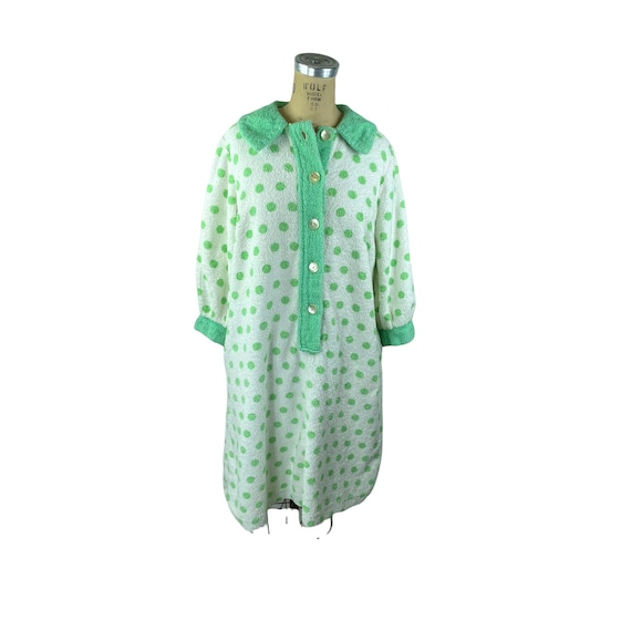 1960s terrycloth robe green white polka dot coverup Size L