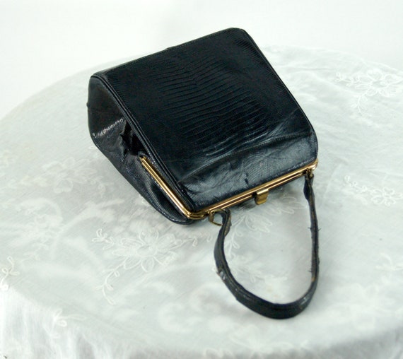 1950s 60s lizard skin handbag black small purse b… - image 2