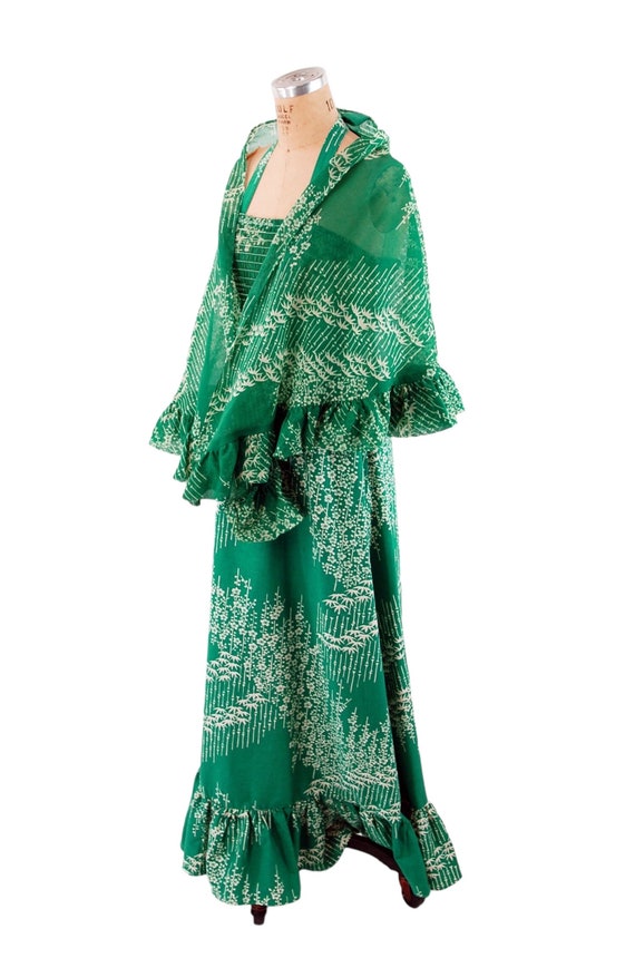 1970s maxi dress green white floral tube top cotton h… - Gem