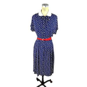 1940s cold rayon dress navy blue polka dot with tie at neck Size L