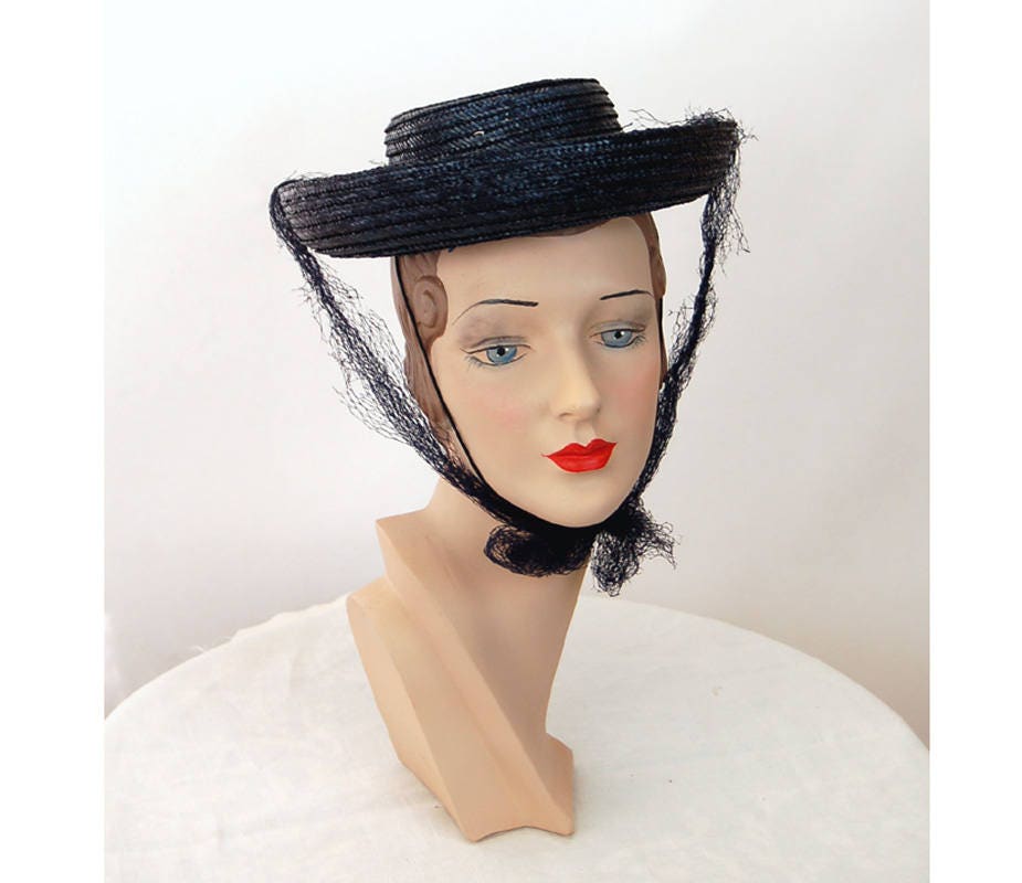 1940s Hat Straw Hat Navy Blue Tilt Hat Valerie Mode New York Etsy 