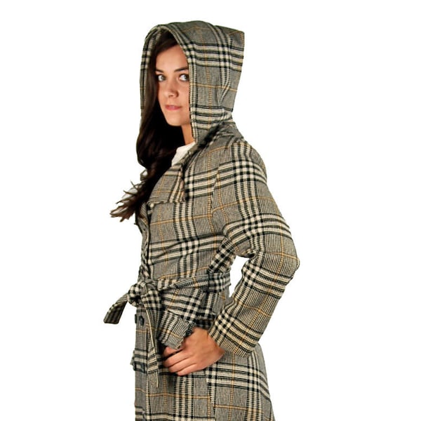 Vintage plaid coat, plaid wool coat, coat with hood, winter coat, black white, double breasted, 1970s