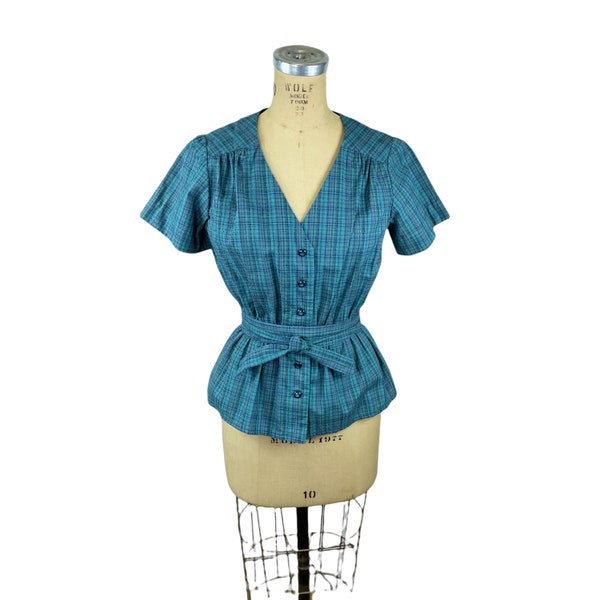 Cotton blouse with peplum in teal and blue small scale plaid Size S/M