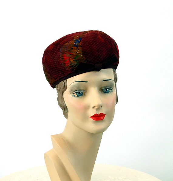 1960s pillbox hat feathers hat burgundy multi col… - image 1