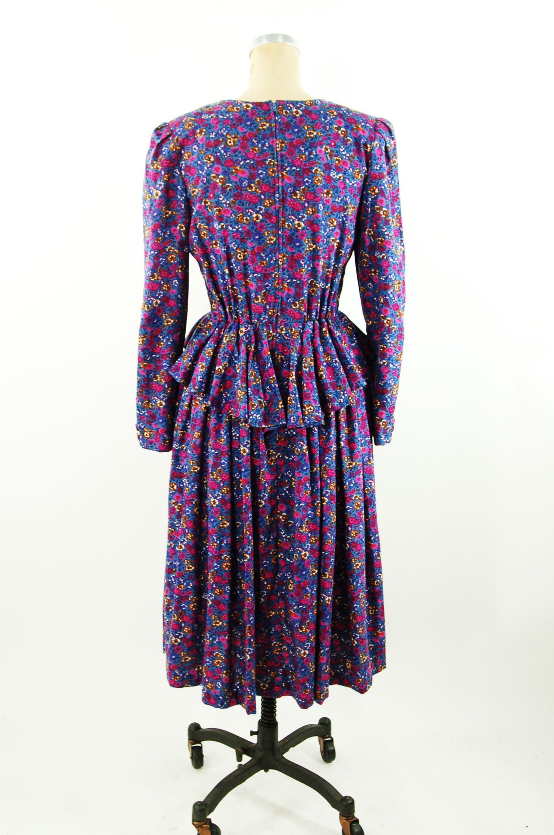 1980s floral dress with peplum purple pink Basque waist Size M | Etsy