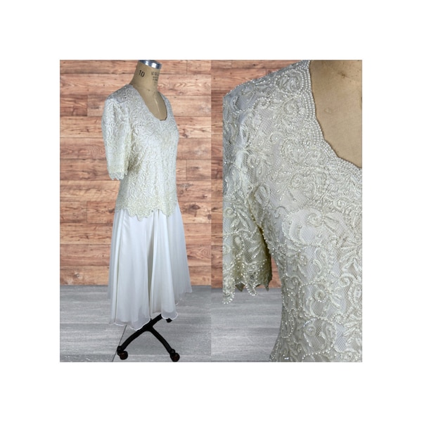 1990s beaded lace dress off-white bridal wedding Size M/L