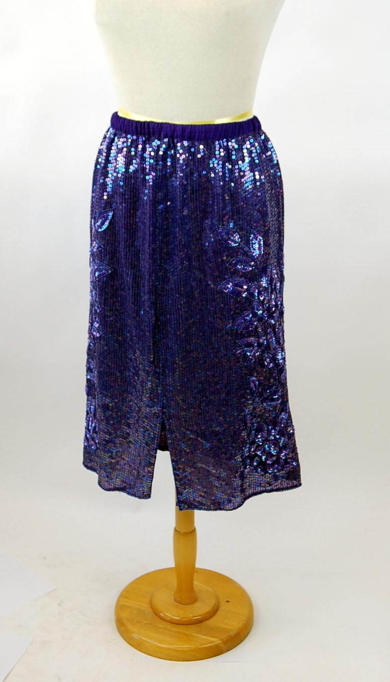 1980s sequin beaded skirt and top purple iridescent Megere silk made in India Size M image 2