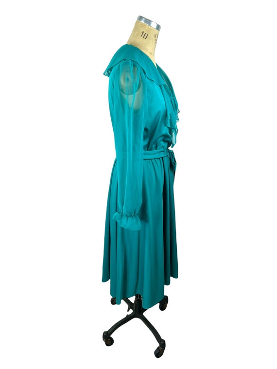 1970s teal dress sheer sleeves and ruffled collar… - image 4