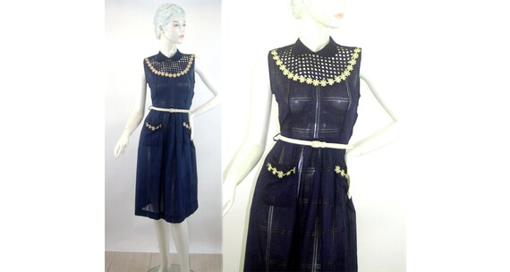 1950s 60s day dress with cut outs navy blue white… - image 1