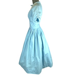 1950s 60s blue cotton pleated dress with lace bib bodice Size S image 4